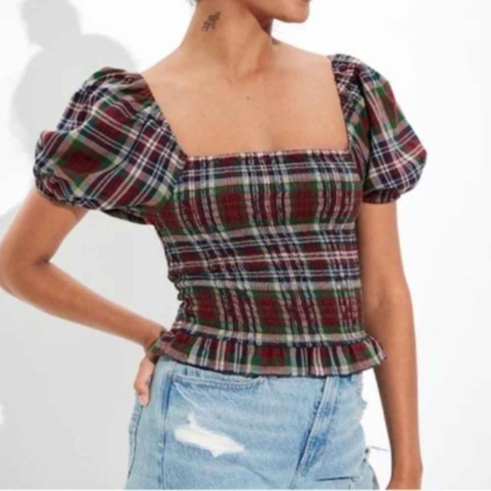 American Eagle Outfitters Women's Plaid Smocked Top Cropped Puff Sleeve Cotton M